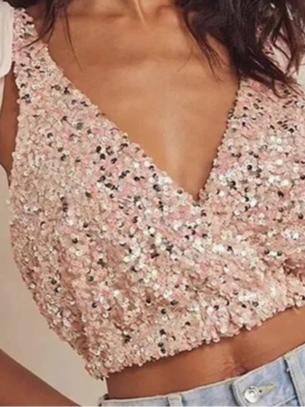 Free People Pink Sequin V-Neck Crop Top